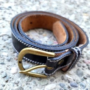 VINTAGE Black Leather Belt with White Top Stitching and Brass Buckle